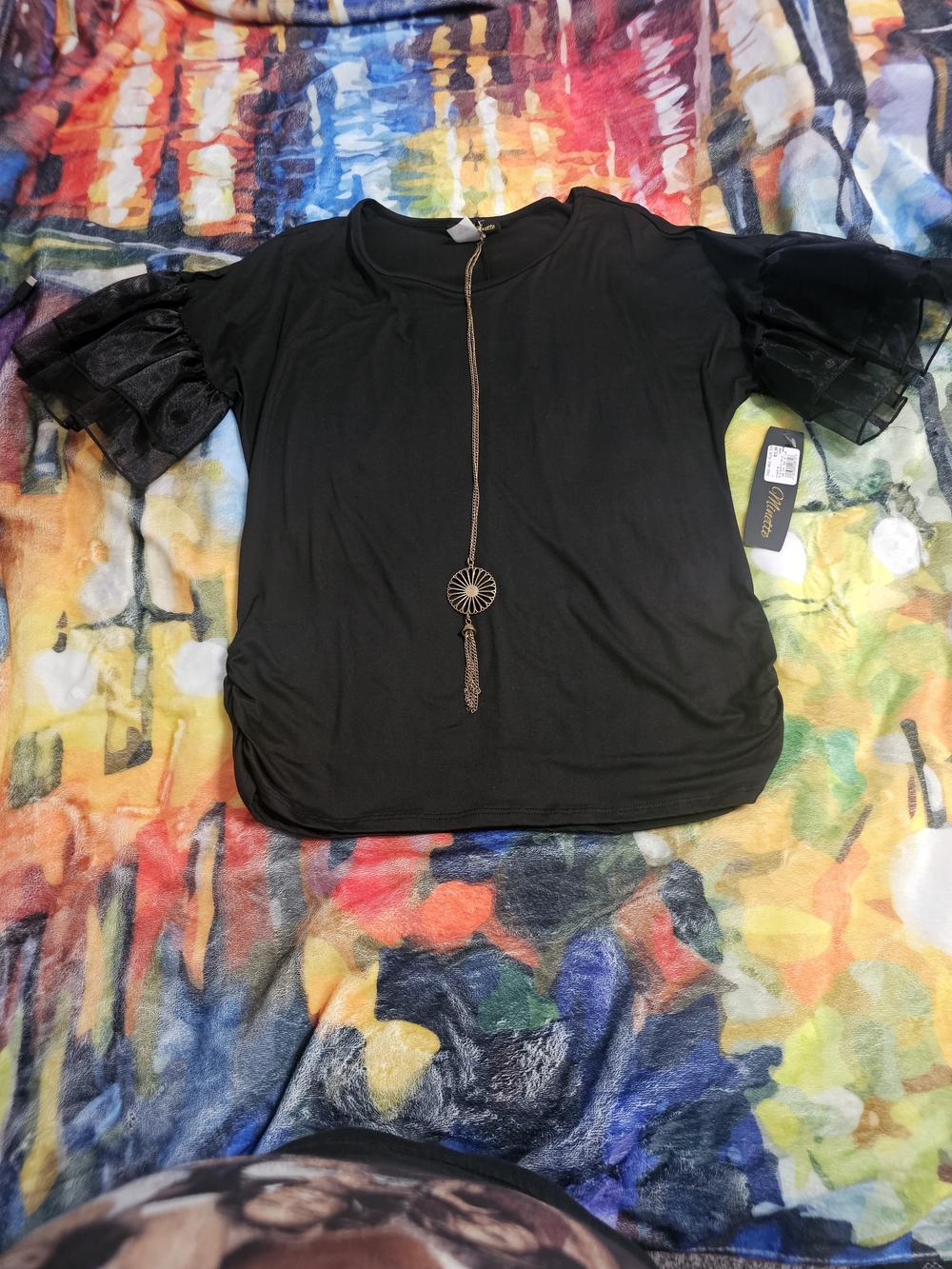 Black Short Sleeve Women's Top with Sheer Ruffle Sleeves